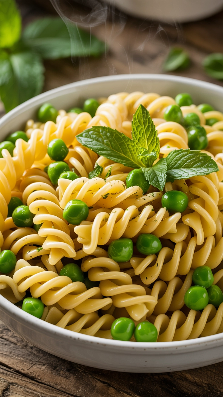 Creamy pasta with peas and mint garnish