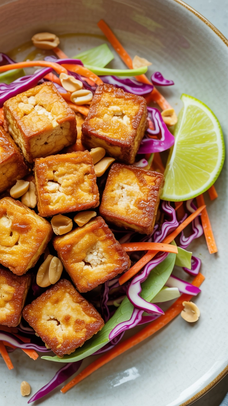 Tofu with peanut sauce and vegetable slaw.
