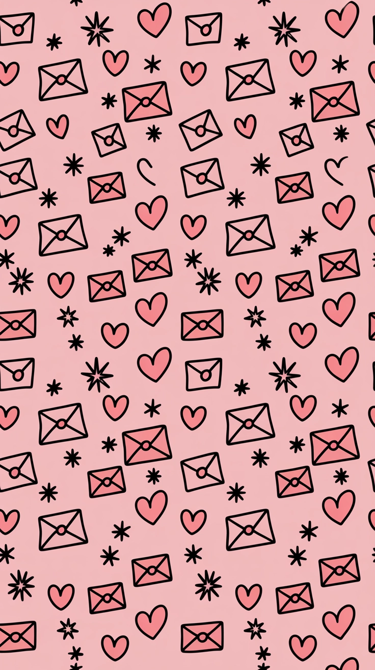 A light pink background covered in small white doodles of hearts, stars, and tiny love letters.
