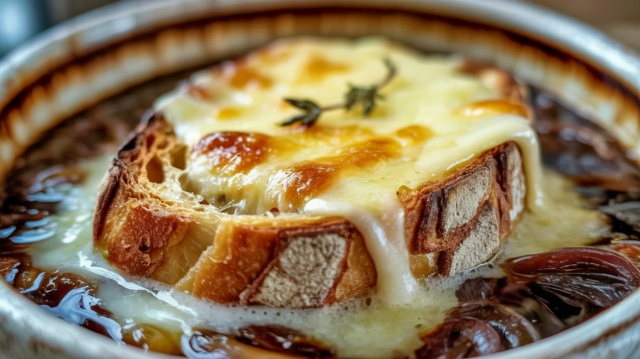A steaming bowl of Easy French onion soup recipe without wine with melted cheese on a rustic table.