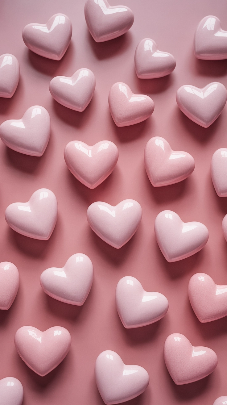 A pattern of colorful pink candy hearts with romantic words floating on a blush pink background.
