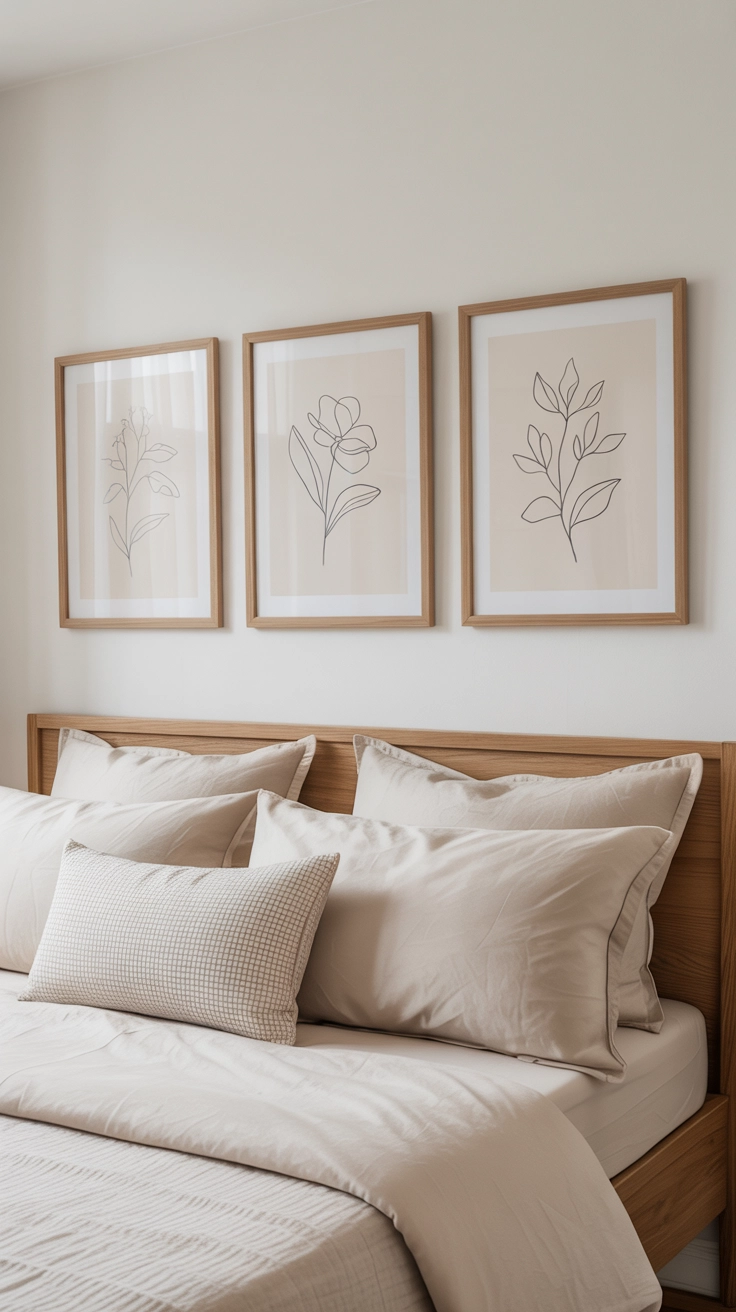 Three botanical line art prints in light wood frames hanging above a bed.