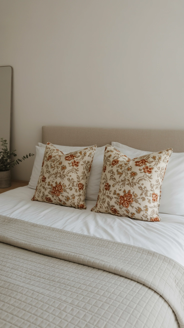 A bed with white sheets, a light green quilt, and floral patterned decorative pillows.