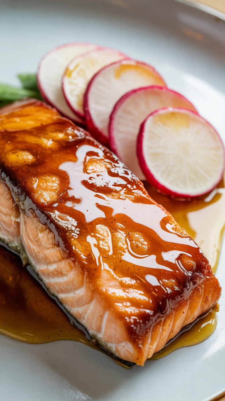 Glazed salmon fillet with fresh radish salad.