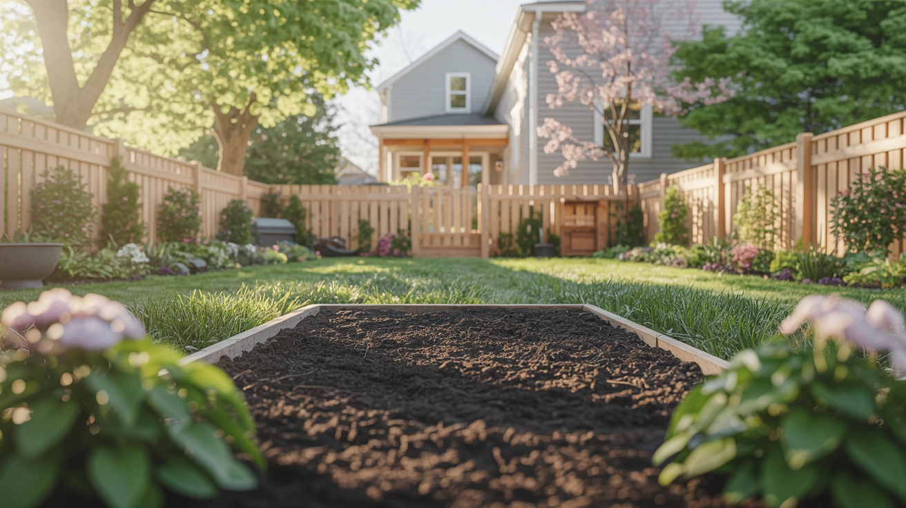 A well-prepared garden bed with dark soil and compost under bright sunlight, showing easy Spring Garden Preparation.