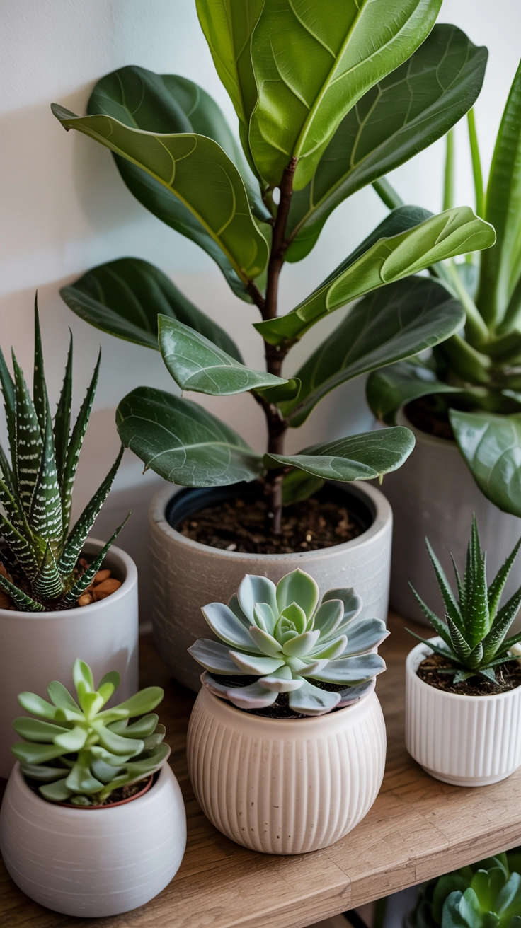 A group of green indoor plants and succulents in various pots on a wooden shelf.