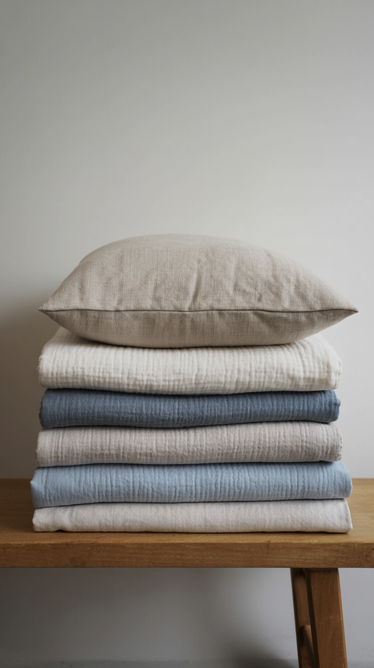 Folded light blue and cream linen blankets and pillows stacked on a bench.