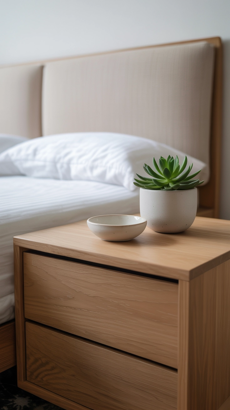 A clean wooden nightstand with a small succulent and ceramic bowl in a tidy room.