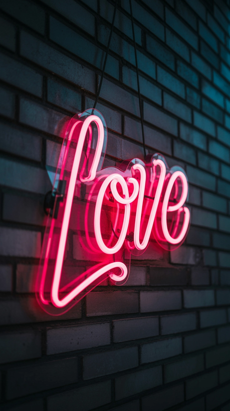 A glowing pink neon sign that spells the word Love against a dark, textured wall.