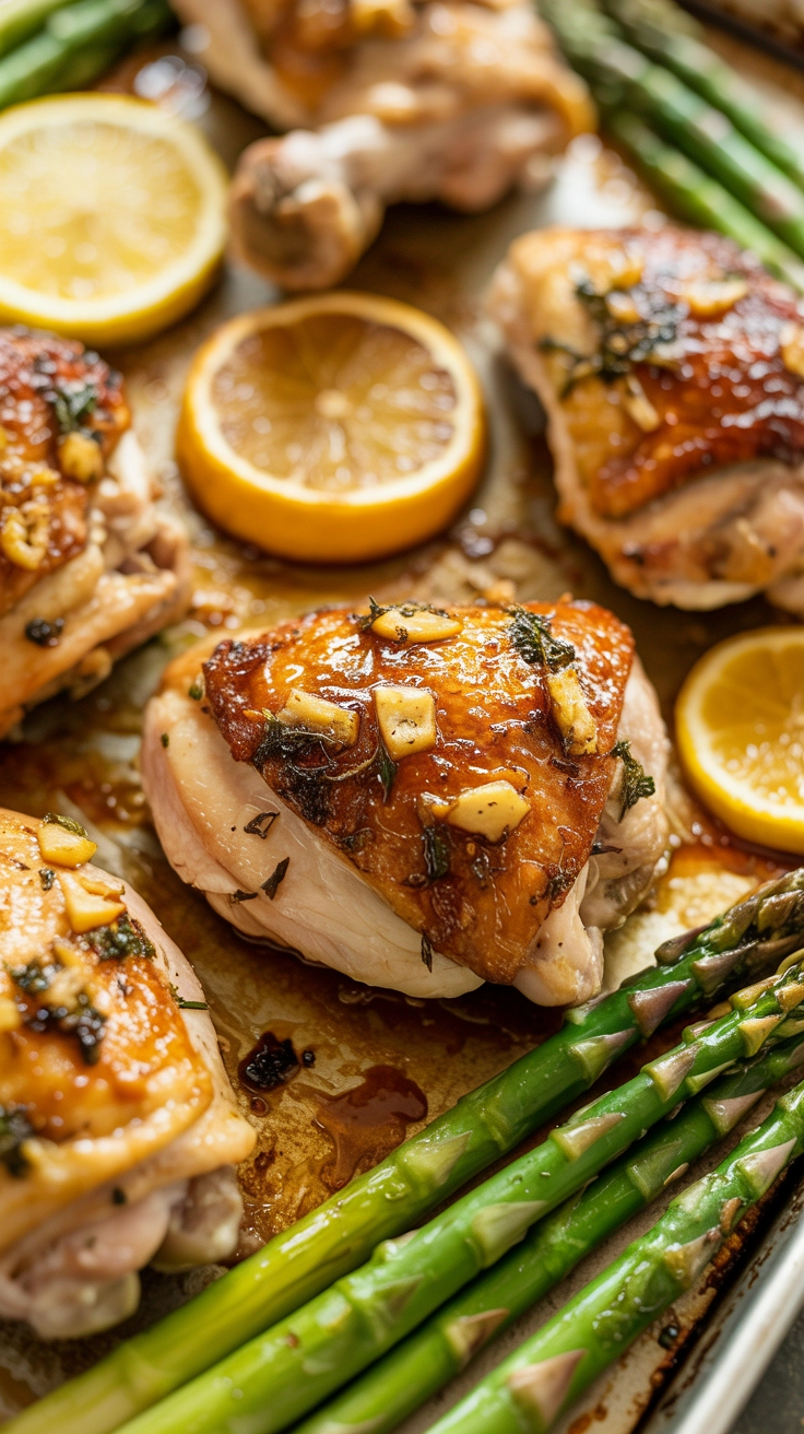Roasted chicken and asparagus with lemon slices.