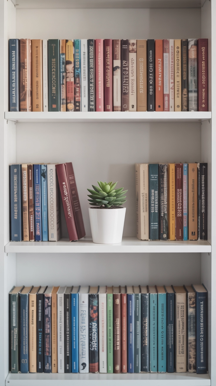 Neatly organized white bookshelves with books and a small green plant.