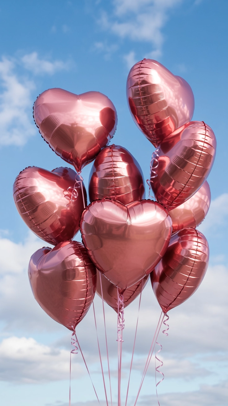 A bunch of shiny pink heart-shaped balloons floating up into a clear sky.