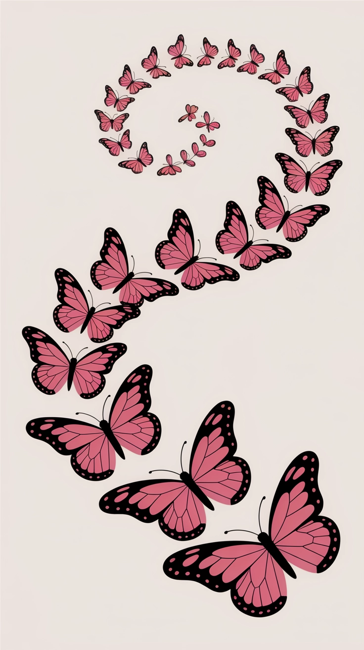 A group of small, detailed pink butterflies flying in a swirl across the screen.