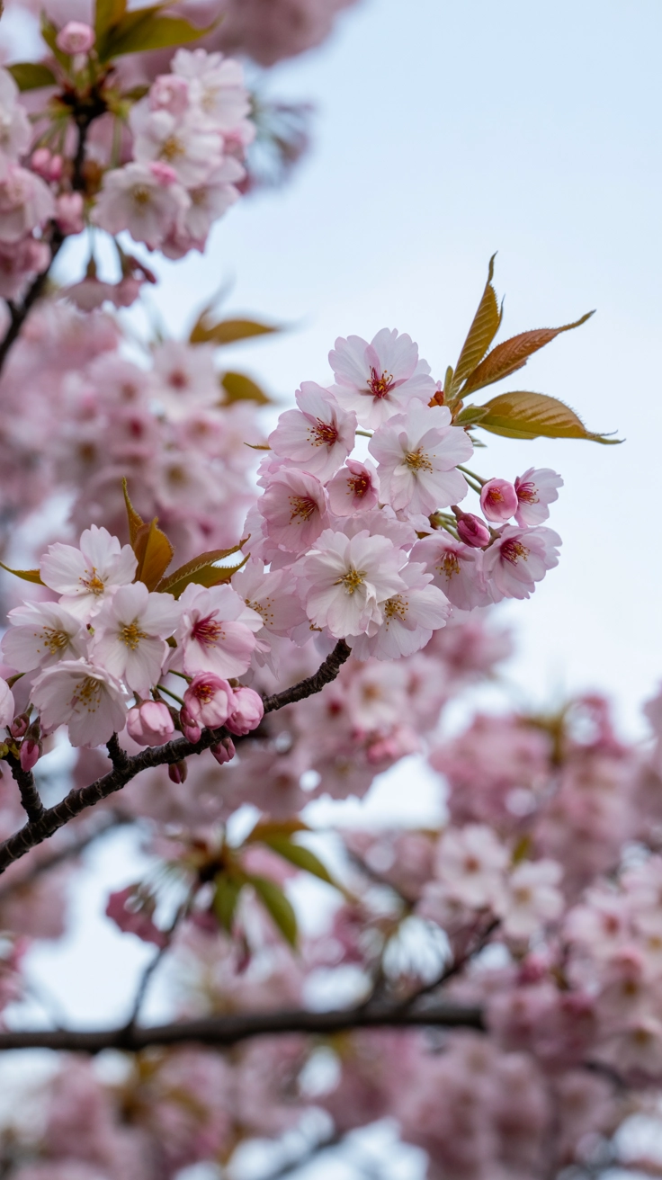 Real cherry blossom flowers with pink petals on a tree branch against a soft background.