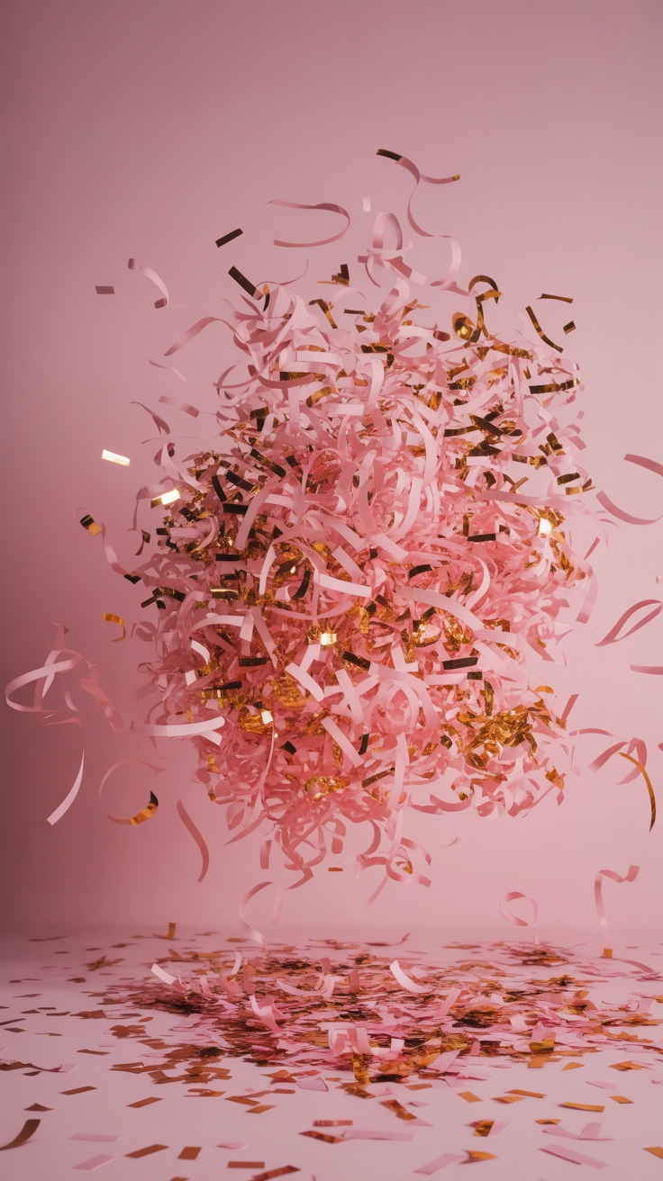 A festive explosion of pink paper confetti falling over a light pink background.