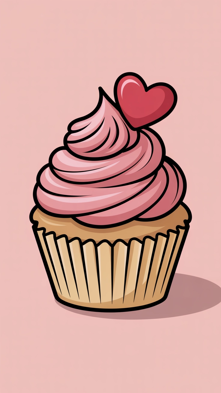 An illustration of a delicious cupcake with pink frosting and a heart-shaped candy on top.