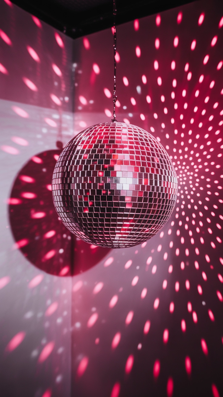 A sparkly pink disco ball hanging against a backdrop of shimmering pink lights.