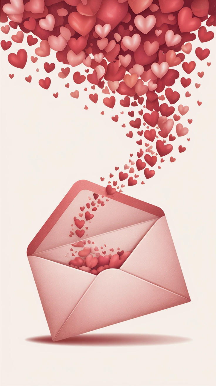 An illustration of a pink envelope with dozens of small hearts flying out of it.