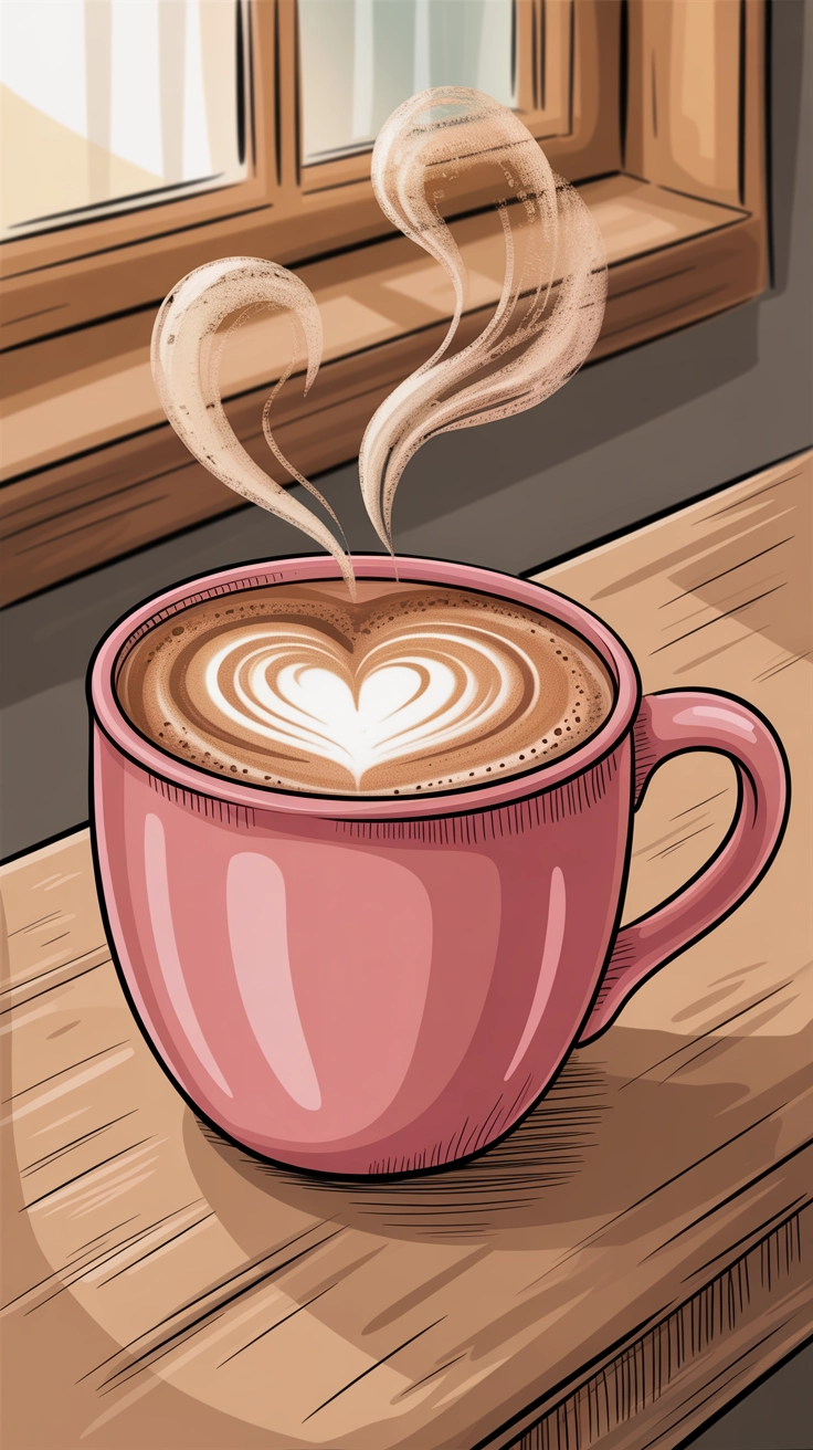 A cute drawing of a pink coffee mug with heart-shaped steam rising from it.