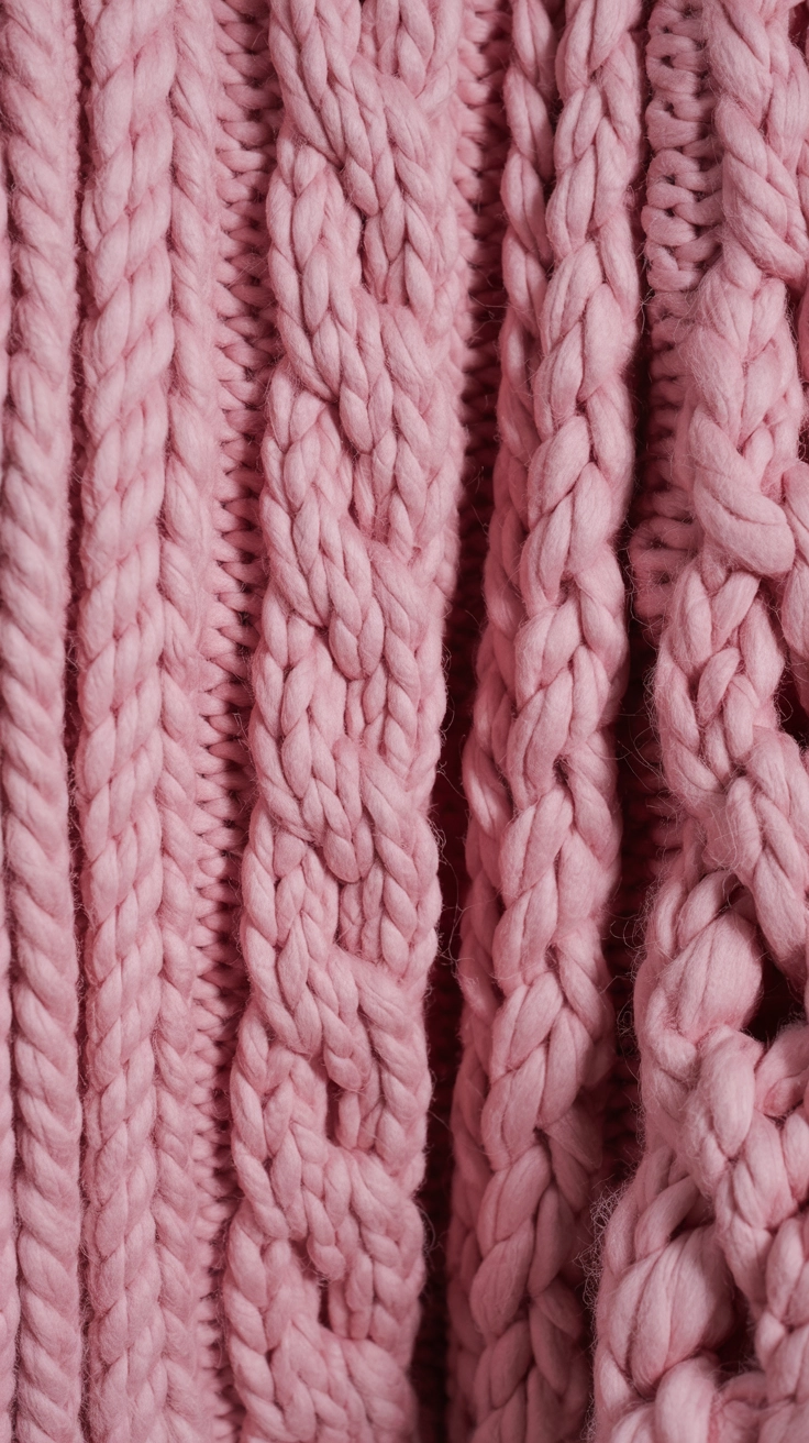 A close-up of a cozy, chunky knit pink sweater pattern.