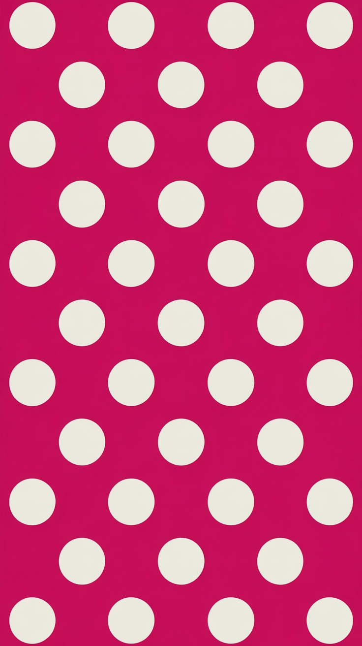 A cheerful pattern of white polka dots on a bright pink background.
