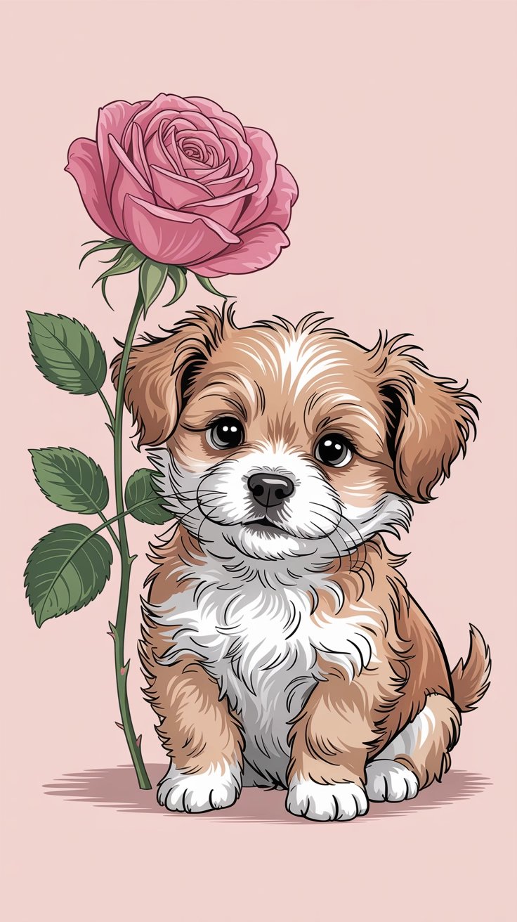 A sweet illustration of a small puppy holding a pink rose in its mouth.