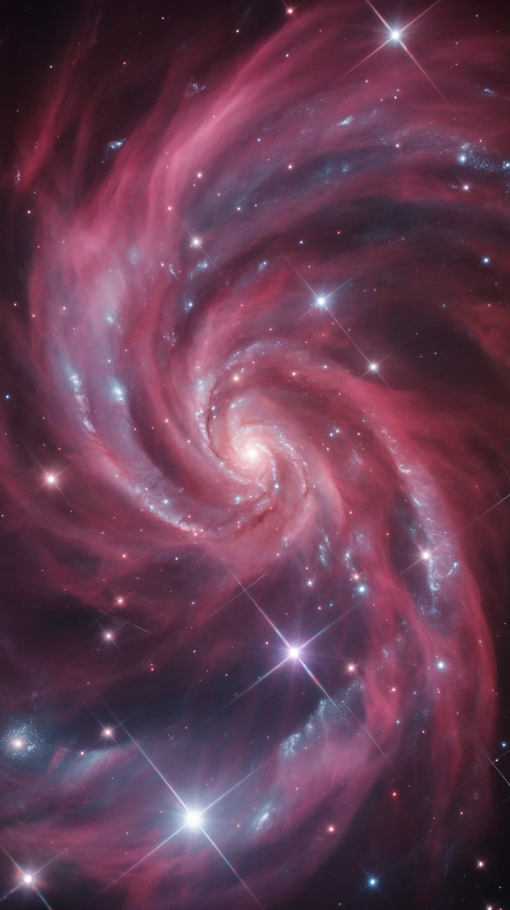 A pink-themed night sky filled with glowing stars and nebula clouds.