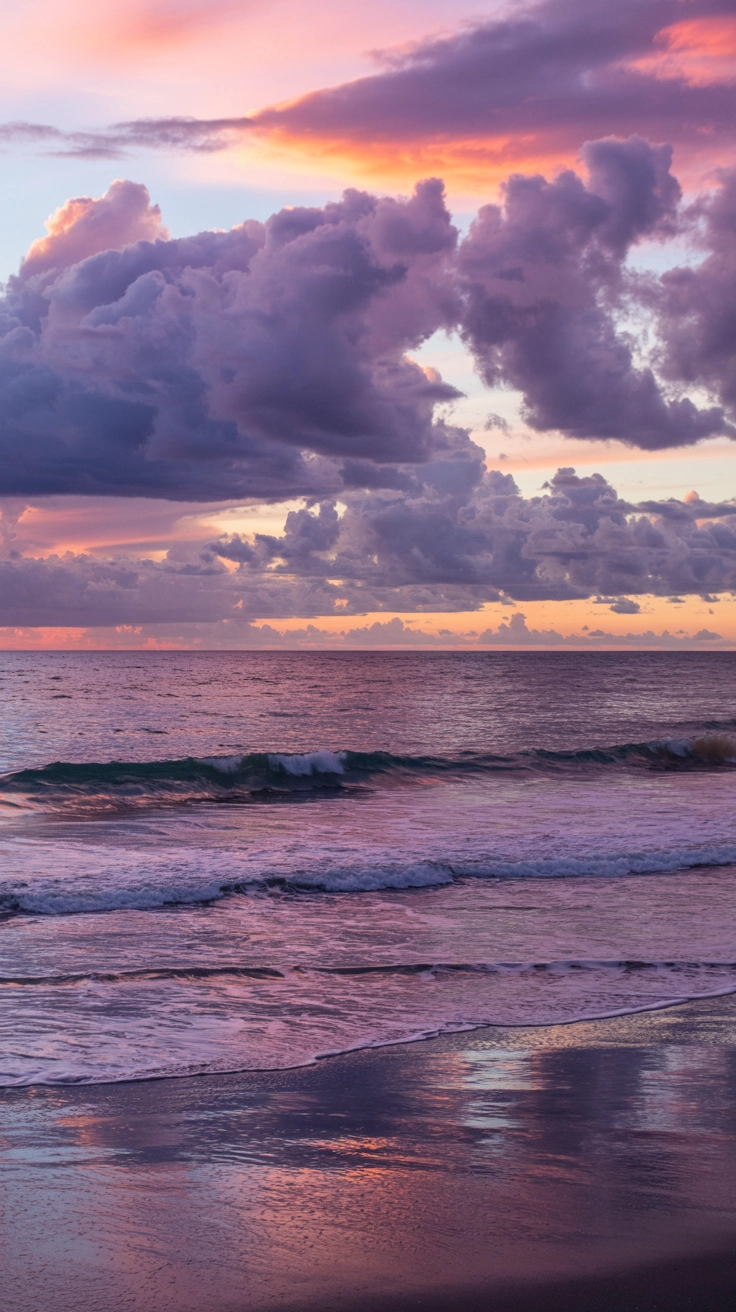 A photo of palm trees and ocean waves under a bright pink and purple sunset sky.