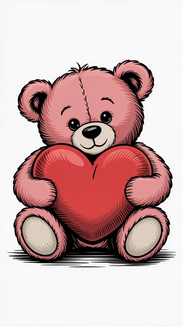 A soft pink teddy bear sitting down and holding a large plush heart.