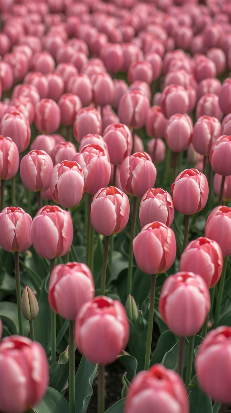 A close-up of several bright pink tulips blooming in a sunny garden.