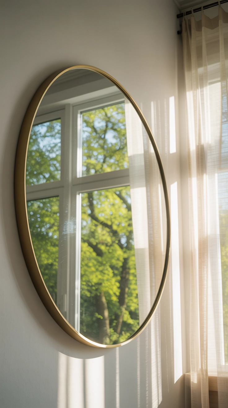 A gold round mirror reflecting sunlight and green trees in a bright bedroom.