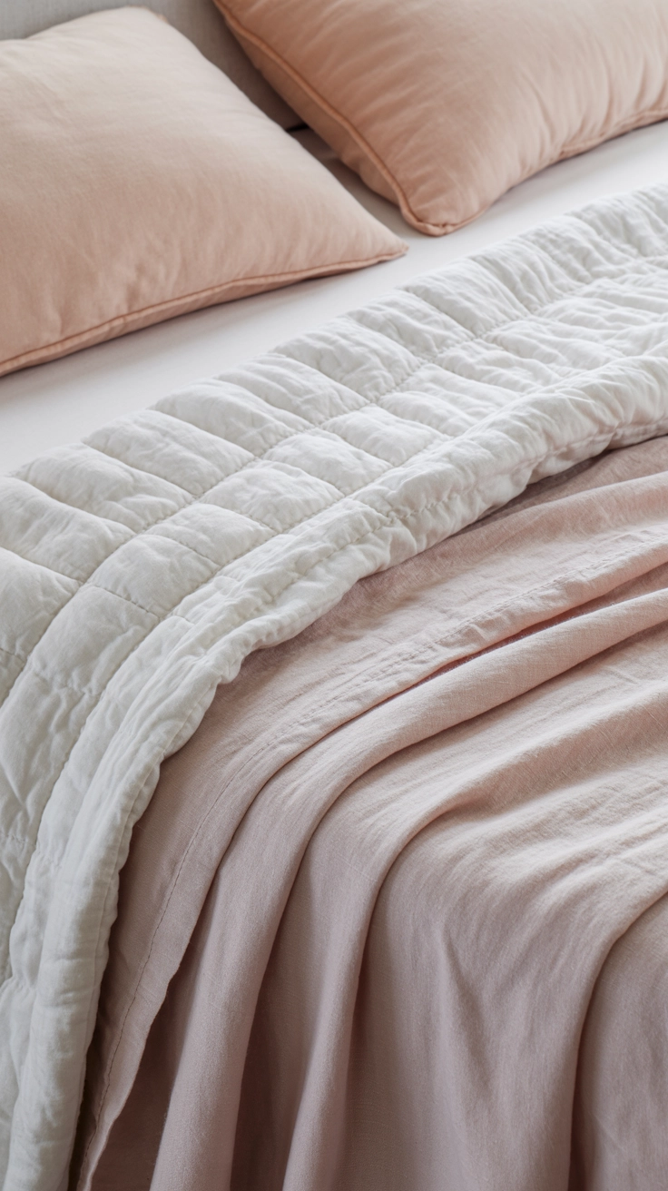 Close-up of white and lavender bedding with peach pillows for a spring bedroom refresh.