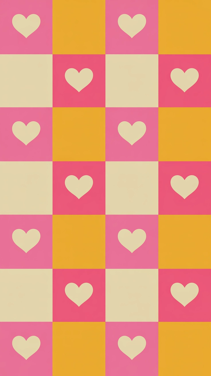 A 1970s style checkerboard pattern in hot pink and light pink with small hearts in the squares.