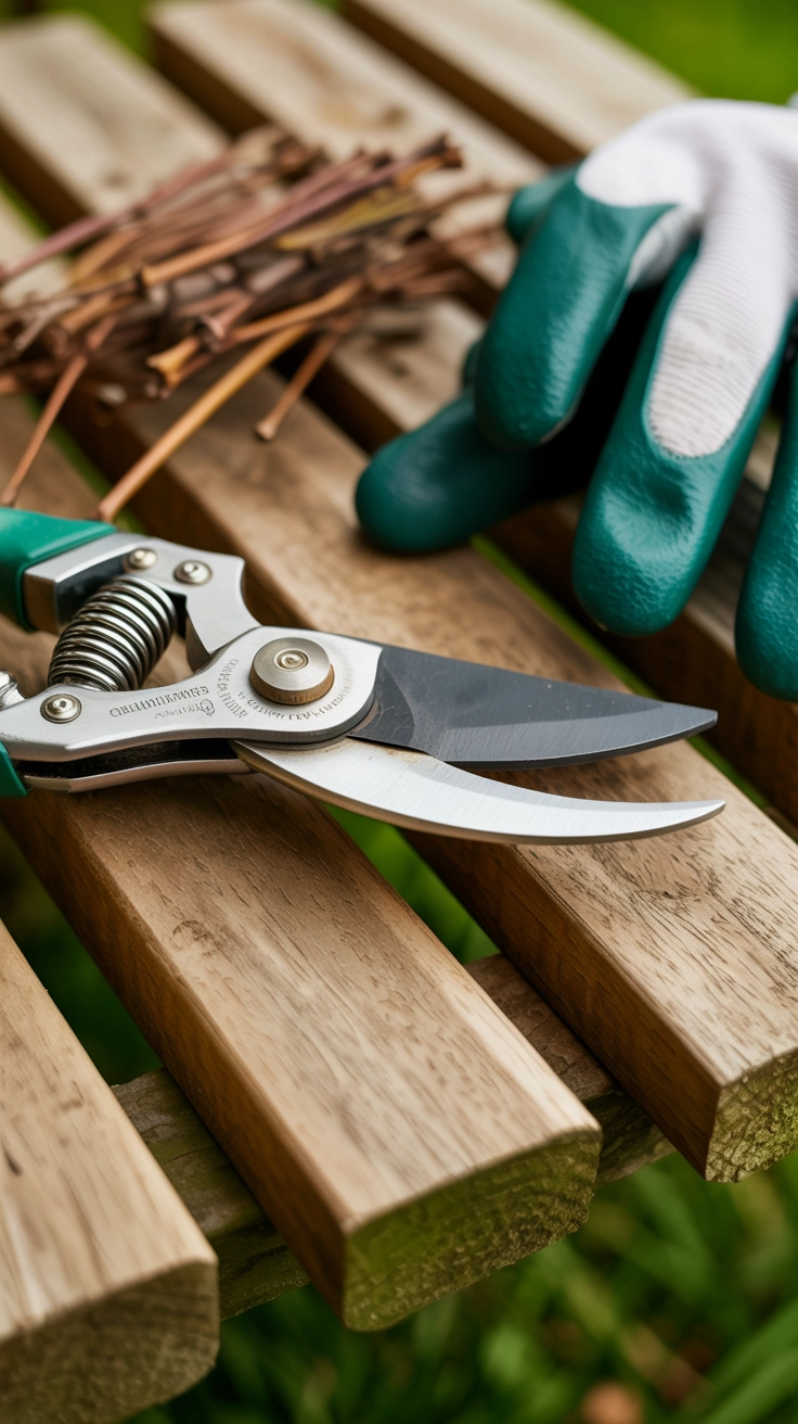 Clean and sharp gardening pruners resting on a rustic wooden bench.