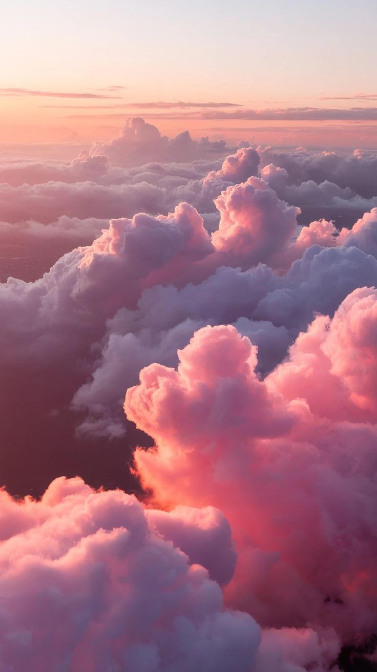 A peaceful view of fluffy pink clouds during a soft sunset for a phone background.