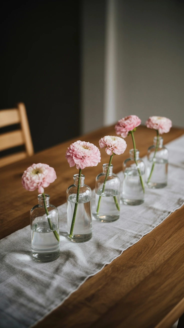 A grey linen table runner on a dining table with small vases of pink flowers.
