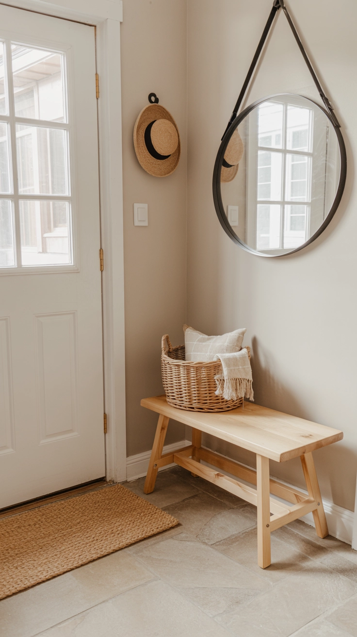 A bright entryway with a wooden bench, a round mirror, and a woven doormat.