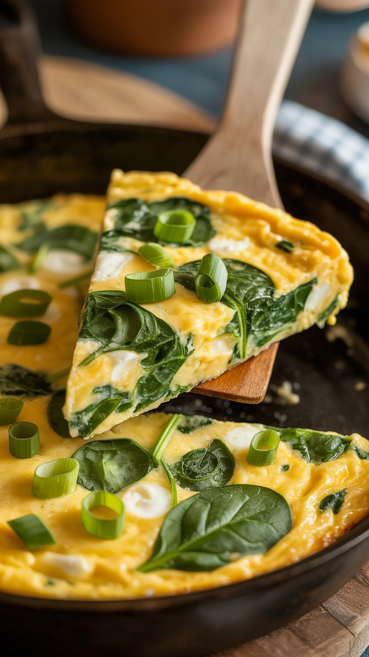 Spinach and goat cheese frittata in an iron skillet.