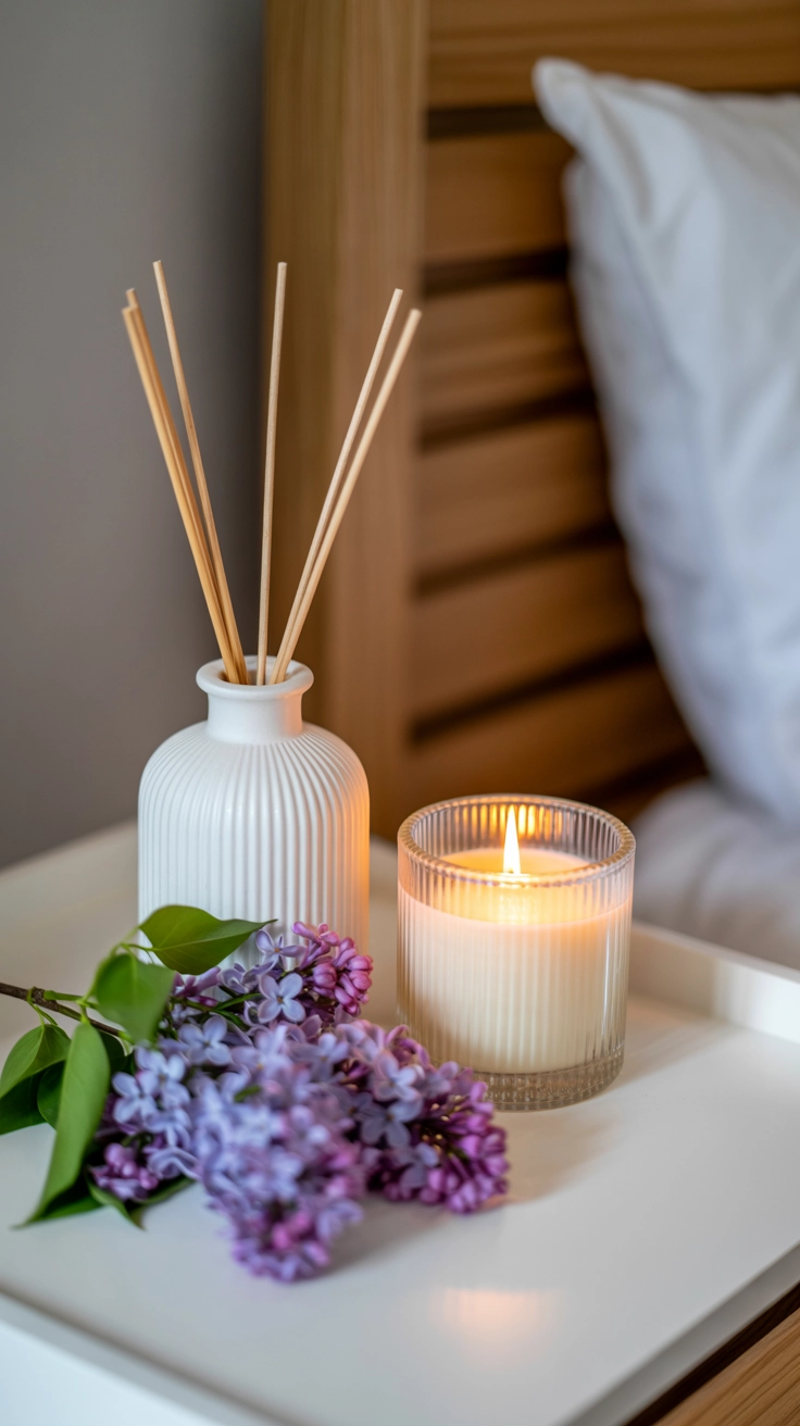 A reed diffuser and candle next to purple lilac flowers on a table.