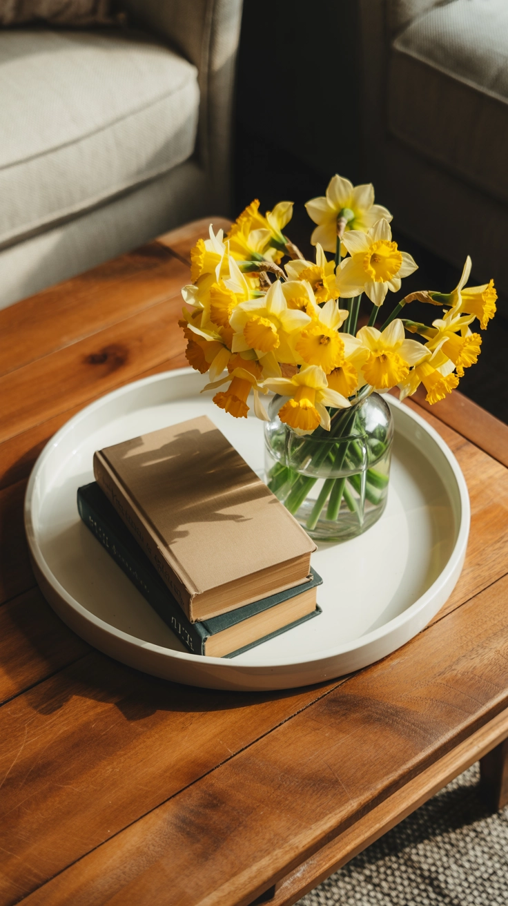 A wooden coffee table with a tray holding yellow daffodils in a vase and books.