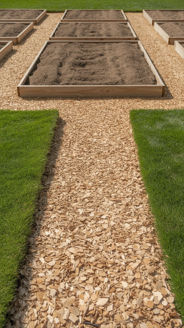 A clean wood chip garden path with neat edges leading to raised garden beds.