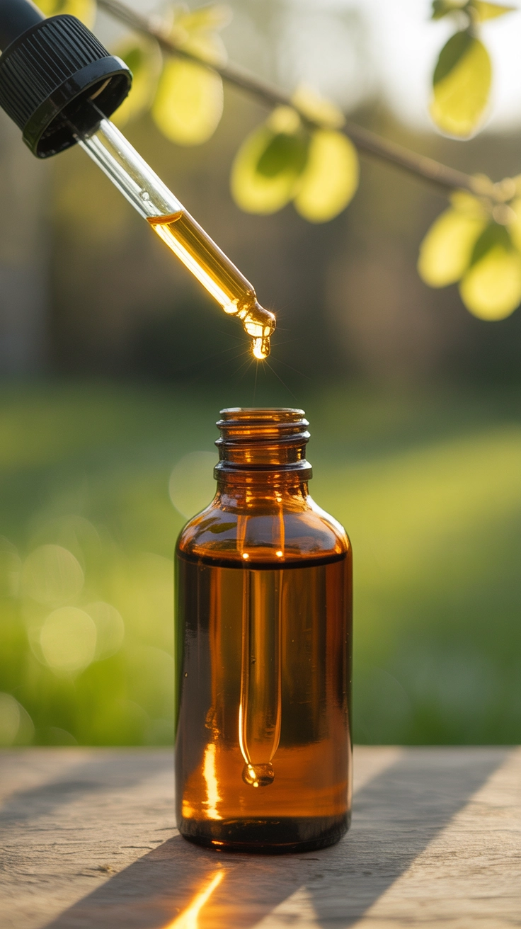 A plain amber glass dropper bottle with a single golden drop falling against a soft green background.