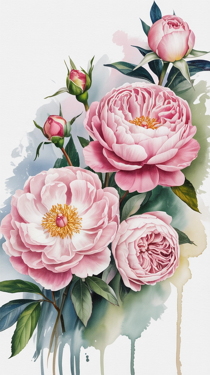 Soft watercolor paintings of pink roses and petals with blurry, artistic edges.