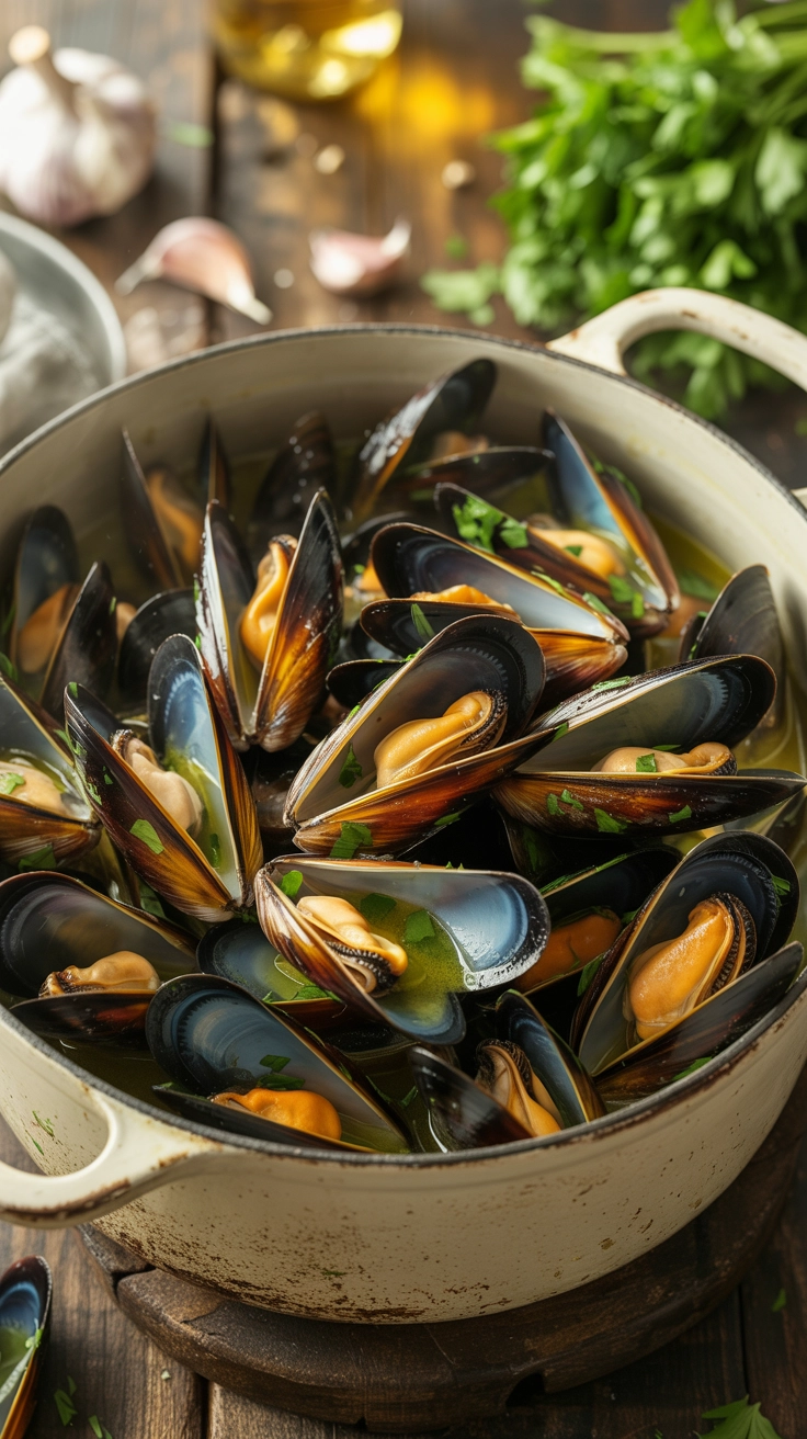 Fresh mussels steamed in garlic and wine.