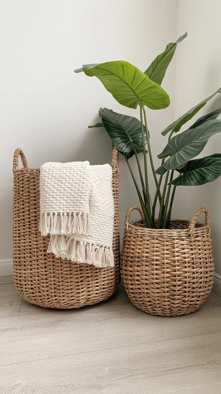 Two seagrass baskets used for storing blankets and a plant on a wooden floor.