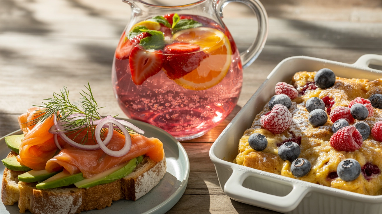 A full spread of easy Easter brunch ideas on a light wooden table