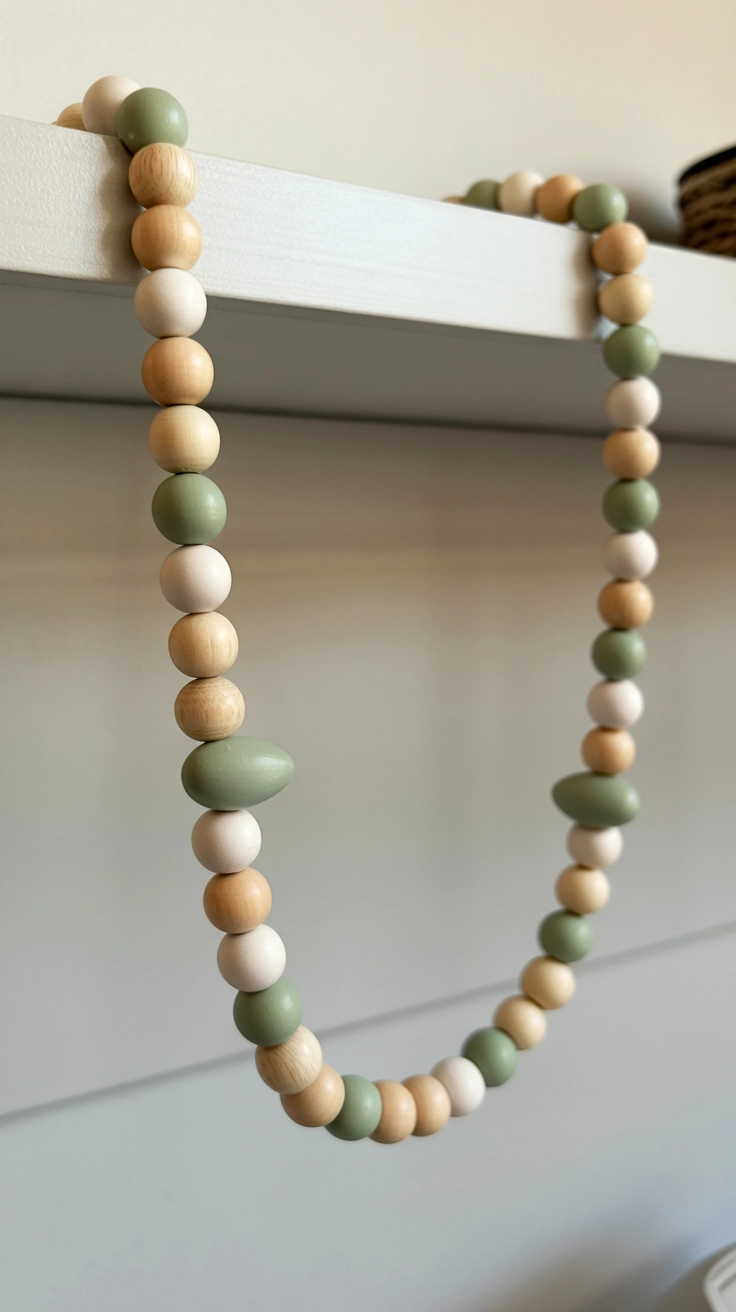 A long strand of natural wood beads and matte-painted Easter eggs draped across a shelf.