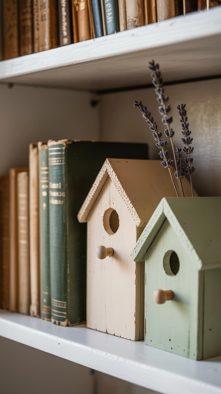Small, rustic wooden birdhouses tucked between books on a white shelving unit.