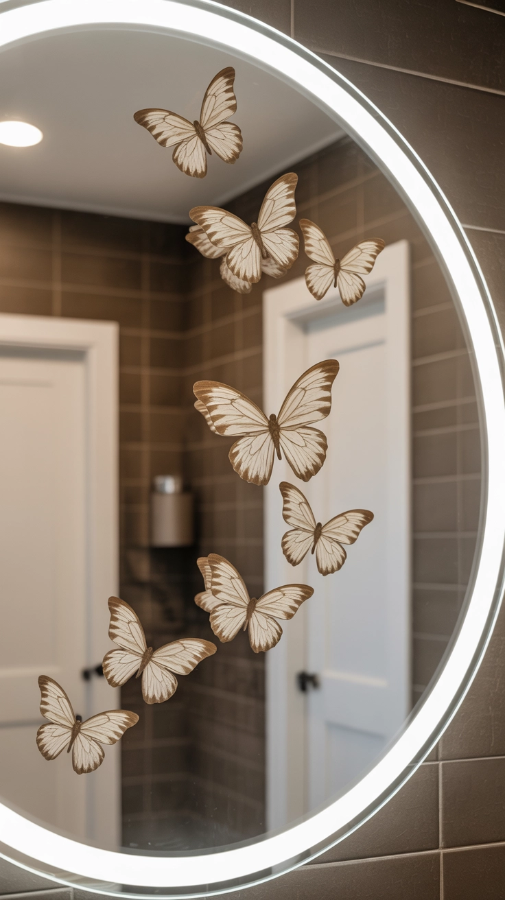 Small 3D gold butterfly decals arranged in a swirling pattern across a large bathroom mirror.