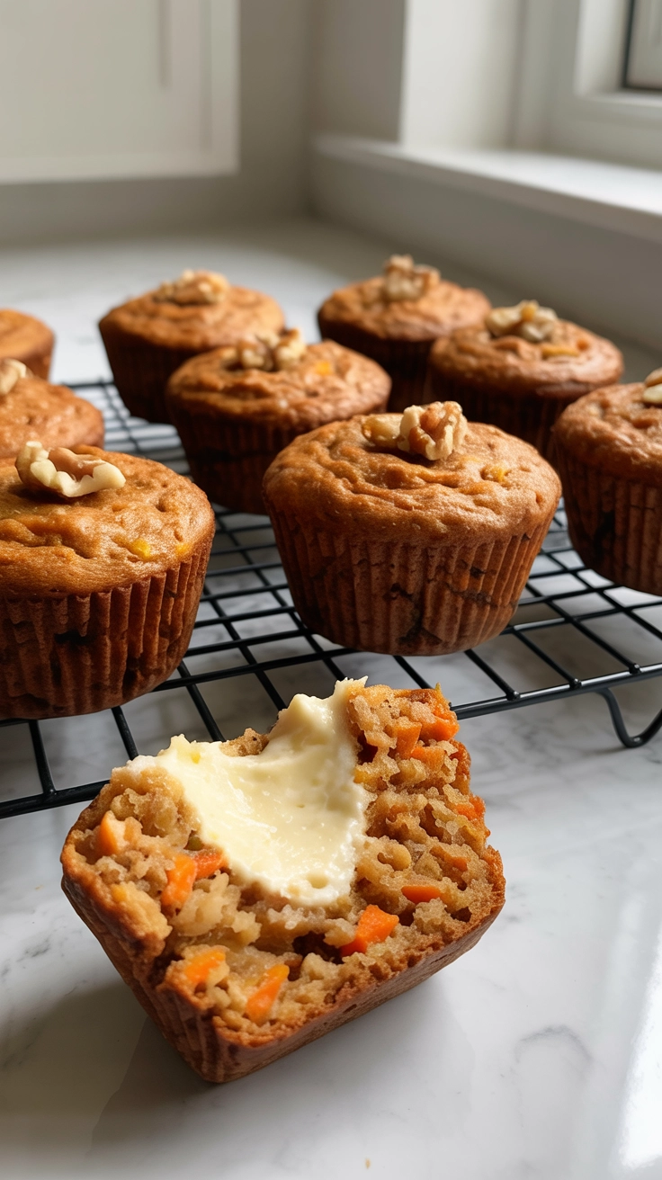 Carrot cake muffins with a hidden cream cheese filling.